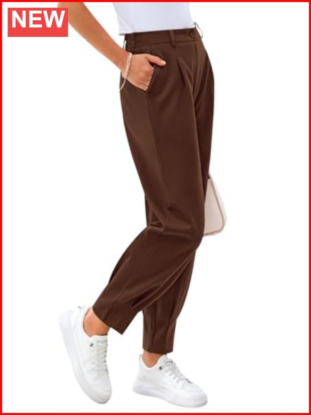 Womens High Waisted Pleated Ankle Trousers Pull On Work Pants Slacks